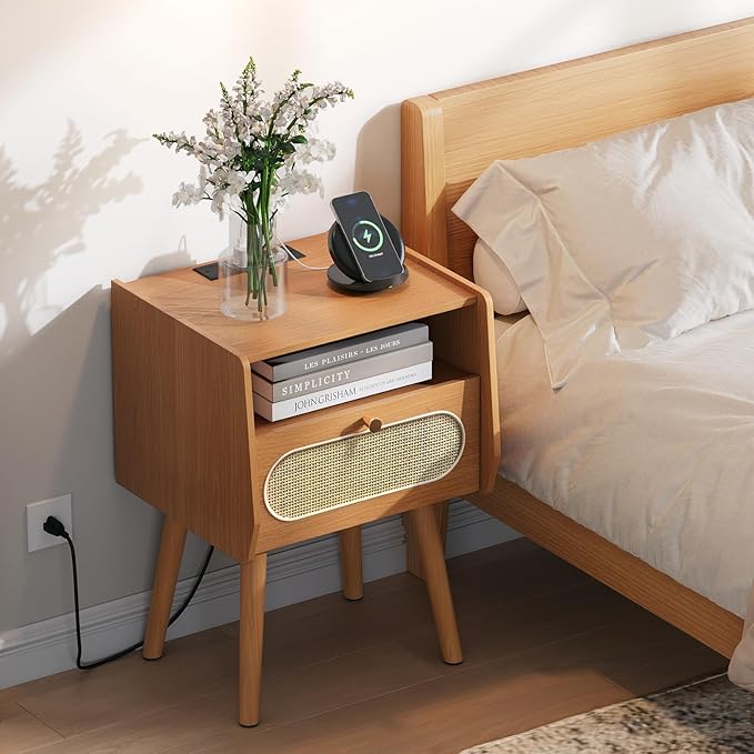 Night Stand Set 2, Mid Century Modern Nightstands Drawer, Rattan Bedside Table with Charging Station, Boho End Table with Storage, Wood Bed Side Tables for Bedroom, Small Space, Cherry