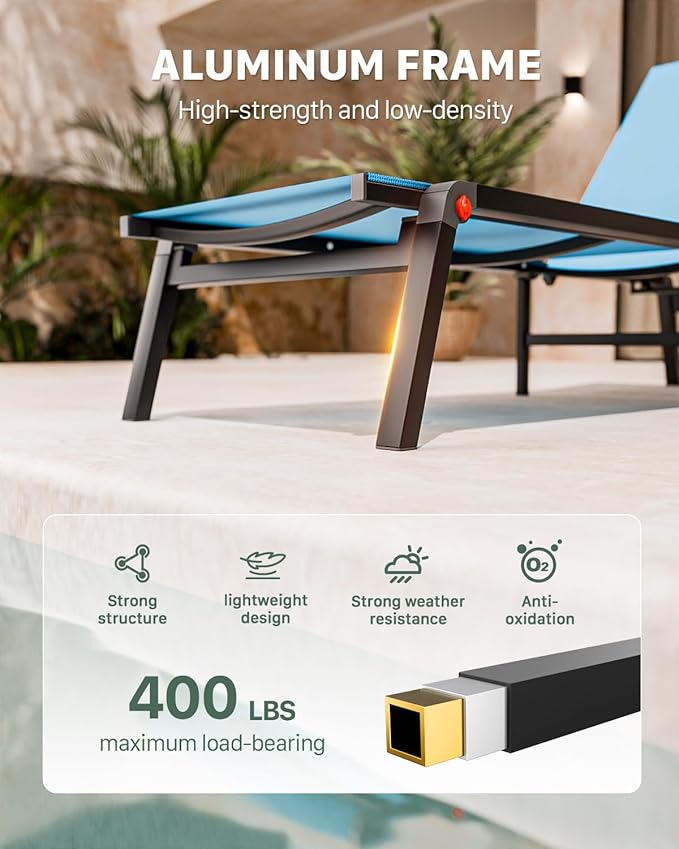 Aluminum Chaise Foldable Patio Lounge Chair Outdoor, Metal Deck Lounger Adjustable 5-Position Recliner Pool Chase Breathable Full Flat Outside Sun Tanning Chairs for Beach/Poolside/Lawn(Blue, 1 Pack)