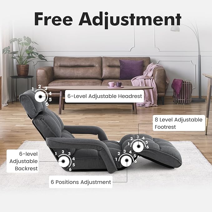 KOMFOTT Foldable Floor Lazy Sofa, Indoor Chaise Lounge Sofa with 6 Adjustable Positions, Folding Chair Bed with Adjustable Armrests, Backrest & Footrest, Ideal for Living Room, Bedroom (Dark Grey)
