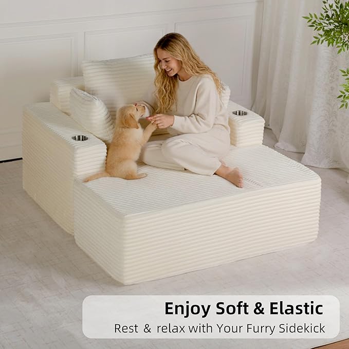 54"W Oversized Chaise Lounge Chair Indoor, Boneless Chaise Lounge Couch, Convertible Comfy Reading Chairs, Compression Sofa with Ottoman, Corduroy Sleeper Couch Chair for Living Room, Beige