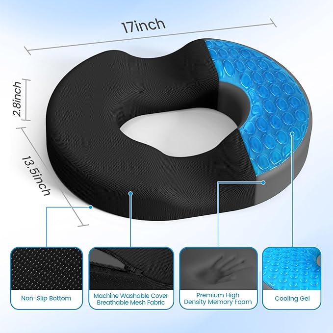 CushZone Donut Pillow Seat Cushion - Cooling Gel Floor Pillow, Memory Foam Floor Cushion for Office & Home, Car Seat, Hemorrhoids Pillow, Sciatica & Tailbone Pain Relief Chair Cushion, Black
