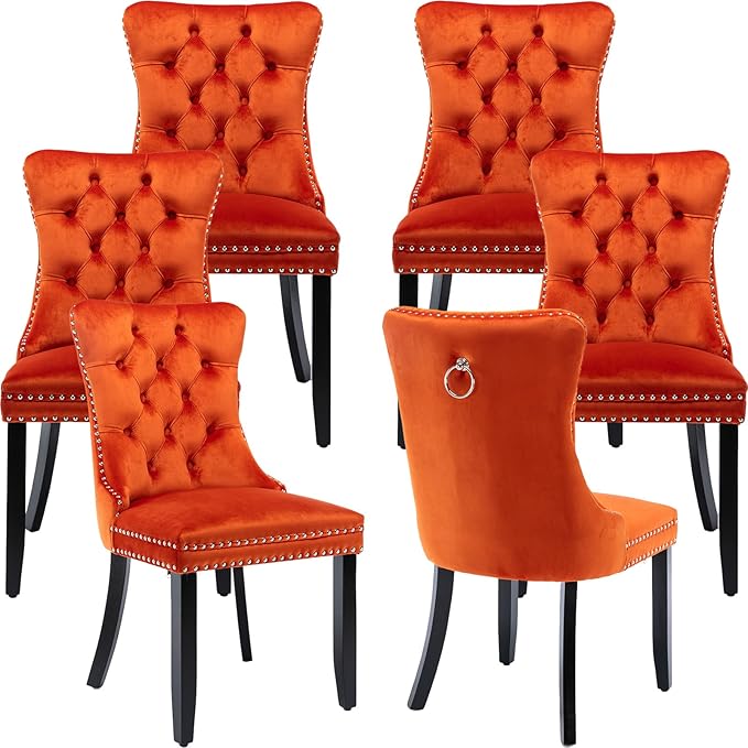 YeahFurn Orange Mid Century Modern Dining Chairs Set of 6, Velvet Upholstered Kitchen & Dining Room Chairs with Nailhead Trim & Solid Wood Legs, Elegant Sillas De Comedor (Orange, 6 Pcs)