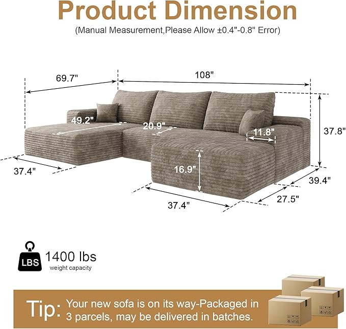 AUGOP 108" Sectional Couches for Living Room Modern Modular Sofa with L-Shape Couchs Upholstered Boneless Couch Deep Seat Sectional Couch with Chaise (Camel, Left Facing Chaise+2Seaters+1Ottoman)