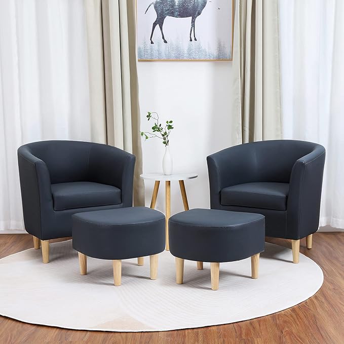 DAZONE Leather Chair, Accent Chair Mid Century Modern with Ottoman Faux Barrel Comfy Armchair Upholstered Club Tub Round Arms for Living Room Bedroom Reading Navy Blue Set of 1