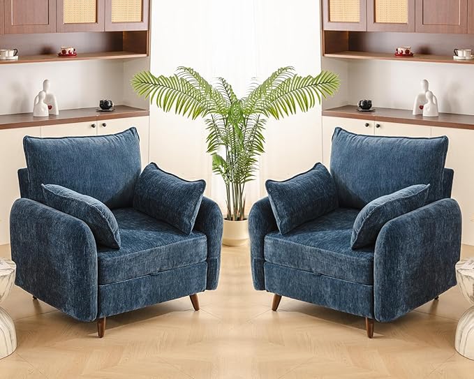 Oversized Accent Chair Set of 2,All Seats Storage,Comfy Armchair,24.5'' Deep Seat,Upholstered Living Room Chairs,Reading Chair for Bedroom,Office,Chenille,Blue