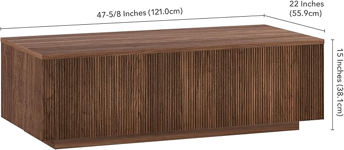 Henn&Hart 48" Fluted Rectangular Low-Profile Coffee Table for Living Room, Family Room, or Office, Satin Walnut