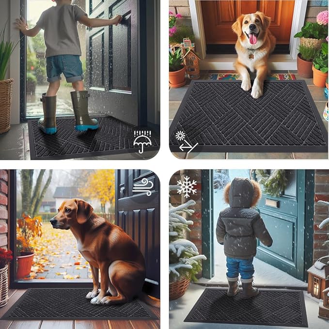 Smiry Front Door Mat Outside Entrance, Heavy Duty Outdoor Indoor Mat, Natural Rubber Doormat, Non Slip, Trap Dirt and Moisture, Easy Clean, Low Profile Patio Porch Entryway Mat, 29.5x17, Black Grey
