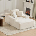 66" Oversized Chaise Lounge Sofa Chair Indoor, Modern Corduroy Single Sleeper Couch Chair with 3 Soft Pillows＆Cup Holder, Boneless Cloud Couch Single Seat Sofa Bed for Living Room Office (White)