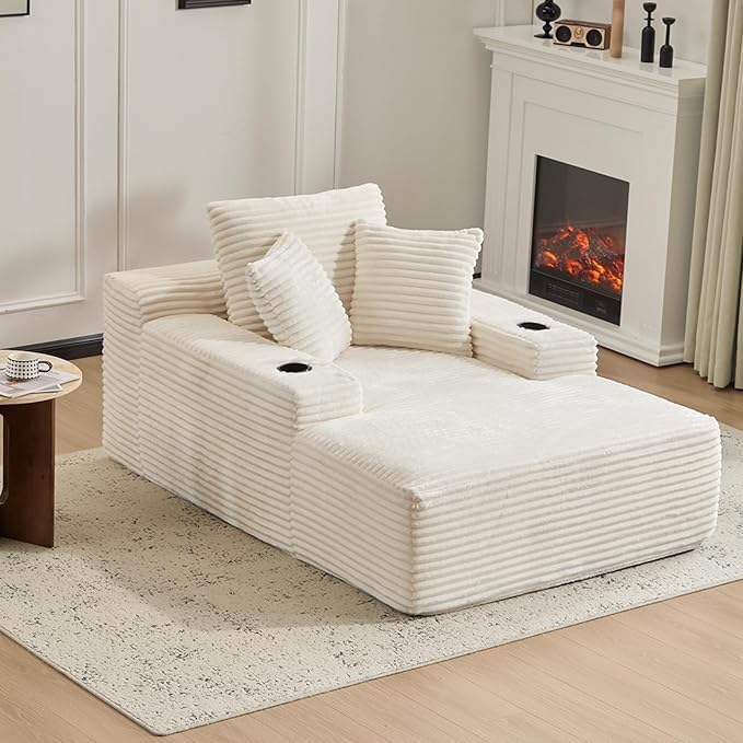 66" Oversized Chaise Lounge Sofa Chair Indoor, Modern Corduroy Single Sleeper Couch Chair with 3 Soft Pillows＆Cup Holder, Boneless Cloud Couch Single Seat Sofa Bed for Living Room Office (White)