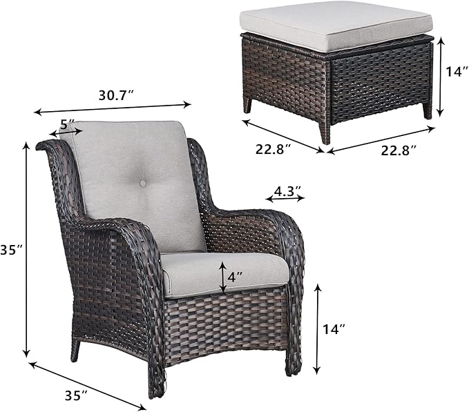 Rilyson Wicker Patio Furniture Set - 4 Piece Rattan Outdoor Sectional Conversation Sets with 2 Chairs and 2 Ottomans for Porch Deck Garden(Brown/Beige)