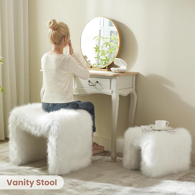 Ottoman Set of 2 Small Footstool Ottoman Vanity Stool Chair Faux Fur Seating Backless Modern Foot Rest Furry for Makeup Room Living Room Bedroom Entryway,White (2-in-1)