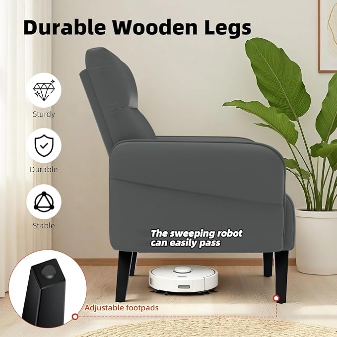 Modern Faux Leather Accent Sofa, Slanted Shawl Armchair with Wide Armrests & Wooden Legs, Gray Sofa Chair for Living Room, Bedroom, Office