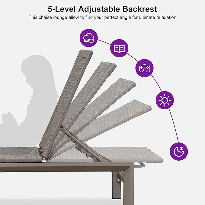 PURPLE LEAF Oversize Outdoor Rattan Lounge Chair 2 Piece, Aluminum Patio Chaise Lounge with Adjustment Backrest, Waterproof Lounger Sunbath Tanning Recliner for Poolside, Garden, Light Taupe