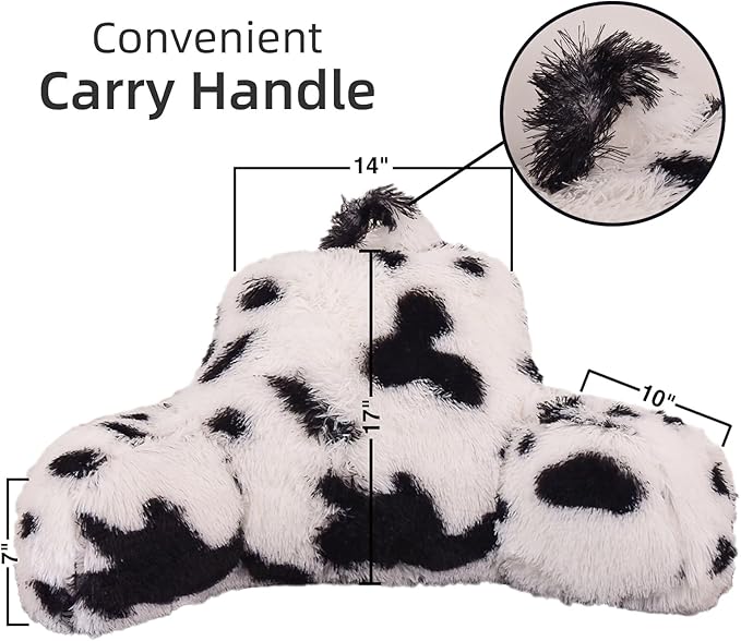 A Nice Night Faux Fur Reading Pillow Bed Wedge Large Adult Children Backrest with Arms Back Support for Sitting Up in Bed/Couch for Bedrest,Cow