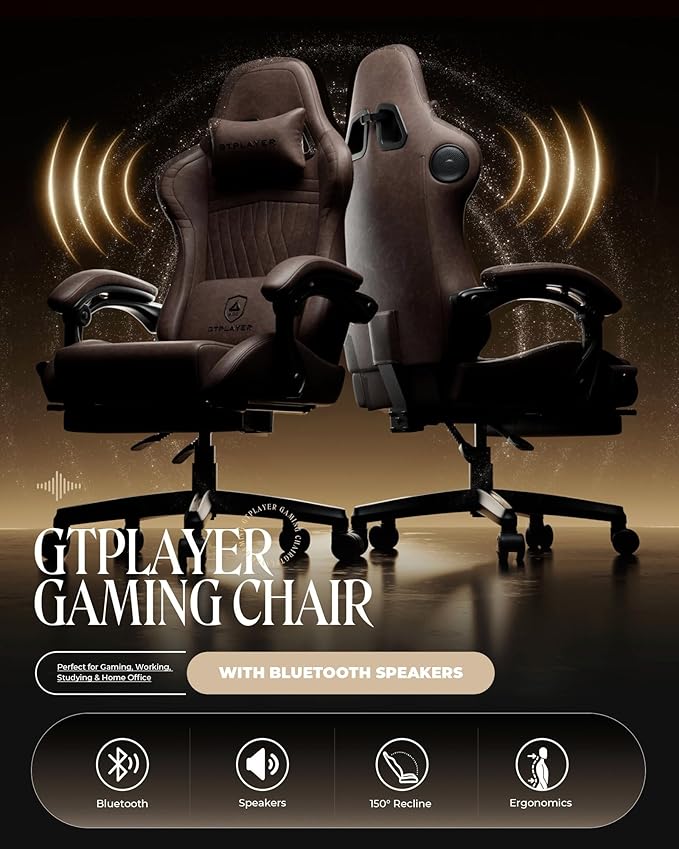 GTPLAYER Gaming Chair with Speakers, Video Game Chairs with Footrest, PC Gamer Chairs for Adults - Padded High Back Ergonomic Reclining Silla Gamer, Linkage Armrest, Ace Pro, Light Brown