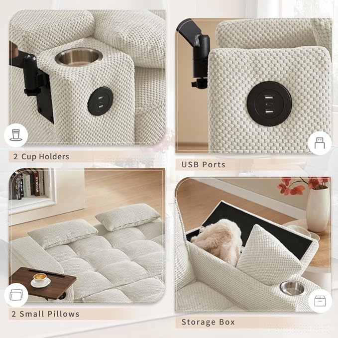 oaaktu ﻿ Large Size Convertible Sleeper Sofa Bed,Polka dot Velvet Pull Out Futon Couch with Storage handrails & Rotating Side Tables,Convertible Sofa Couch for Living Room,RV (Beige)