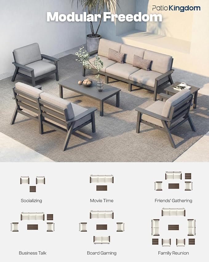 Patio Kingdom Patio Furniture Set with Washable Thick Grey Cushions, Coffee Table & Side Table, HDPE Outdoor Couch, All-Weather Outdoor Sectional Furniture, Patio Conversation Sets (Grey Frame)