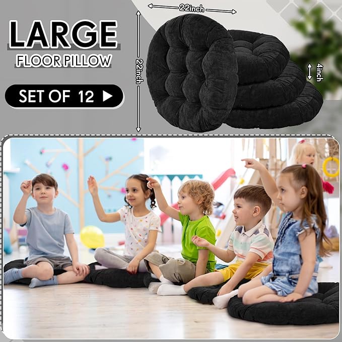 Jerify Floor Pillow Cushions 22 x 22 Inch Round Square Large Meditation Floor Pillow for Classroom Adult Meditation Picnic Party Cushion for Seating Gift Christmas(Round,Black,12 Pcs)