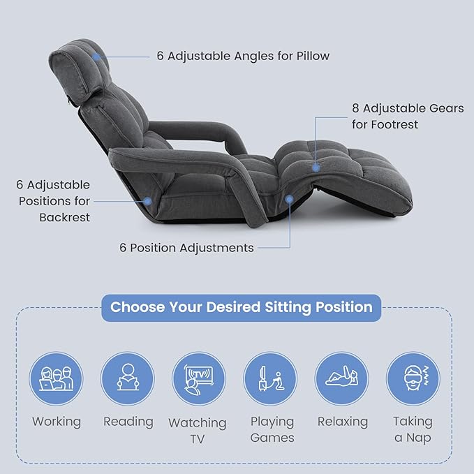 RELAX4LIFE Floor Chair Sofa Bed - Folding Lazy Sofa w/6-Position Adjustable Backrest, Armrests & 8-Level Footrest for Living Room Bedroom, Gaming Floor Chairs for Adults, Foldable Chaise Lounge Indoor