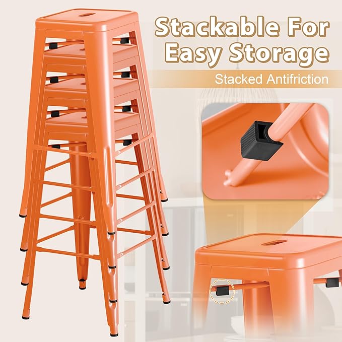 Furmax 30 Inch Metal Bar Stools Set of 4, Counter Height Backless Stools, Industrial Bar Chairs Patio Stool Stackable Backless Stool for Kitchen/Dining Room/Bistro/Patio Indoor Outdoor (Orange)