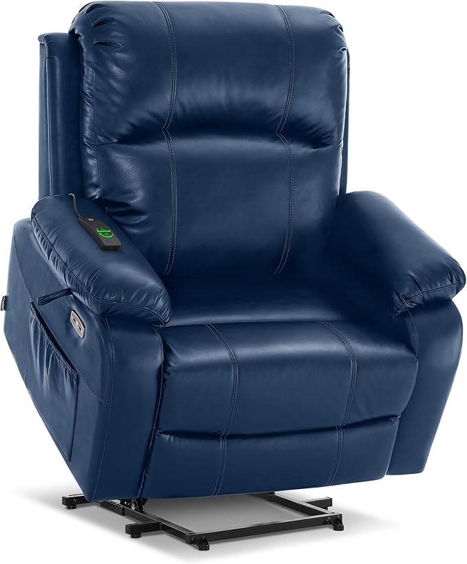 MCombo Small-Wide Power Lift Recliner Chair with Massage and Heat for Petite Elderly People, 3 Positions, 2 Side Pockets, USB Ports, Faux Leather R7410 (Navy Blue, Small-Wide)