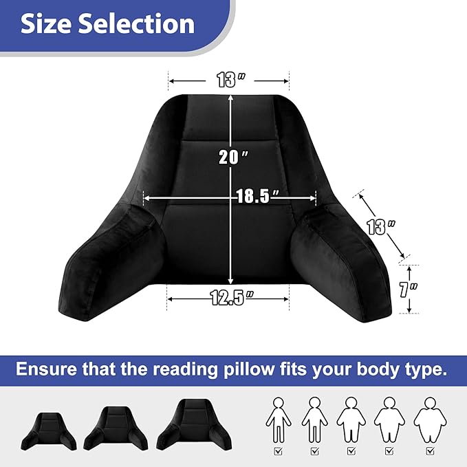 IASEAHK Reading Pillows for Sitting in Bed Adult, Back Pillow for Bed Sitting Up, Backrest Pillows with Shredded Foam for Adult&Teens, Support Pillow with Arms for Beds, Couch, Floor, 20in, Black
