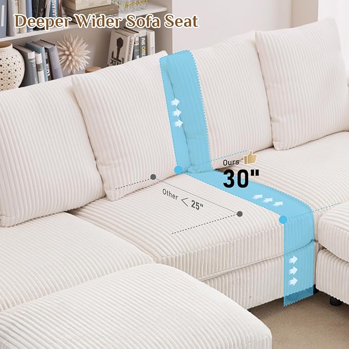 110" W x 60" D U Shape Sectional Sofa with USB Charging & Cup Holder & Storage, 5 Seater Plush Corduroy Couches with Movable Ottoman, Cloud Couch Sofas for Living Room, DIY Combination - Beige White