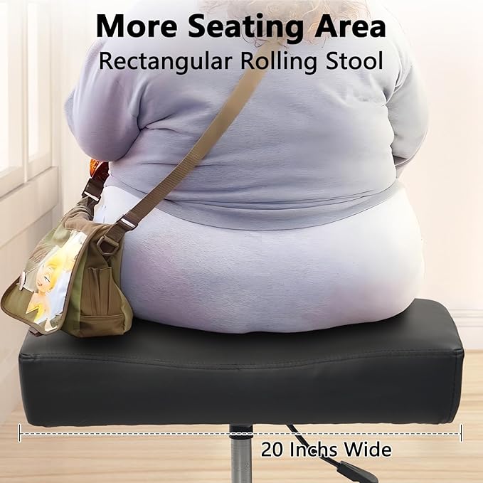 Heavy Duty Extra Wide Rolling Stool PU Leather Thickened Seat Cushion with Foot Rest Adjustable Height Swivel with Wheels for Spa Salon Tattoo Work Massage Barstool, Black, 2 Pack