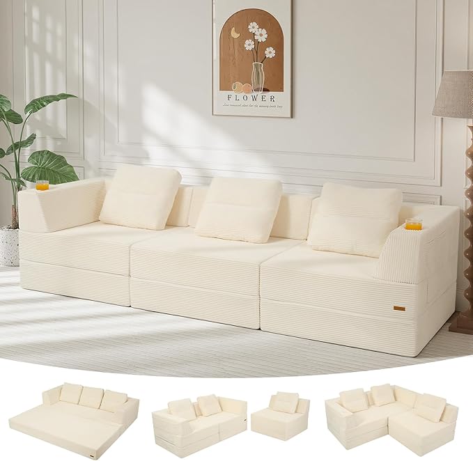 COMAX Futon Sofa Bed 3 Seater, 106" Convertible Sofa Bed Couches for Living Room, 4 in 1 Folding Boneless Sleeper Corduroy Couch Foam in a Box, Comfy Foldable Lounge Fold Out Floor Mattress, Beige