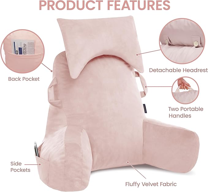 Unisakey Portable Reading Pillows with Headrest for Bed Sitting Up(Pink Oeko-Tex), Velvet Back Pillow with Arms & Pockets for Adults, Support Memory Foam Bed Pillow for Dorm/Reading/Watching/Gaming