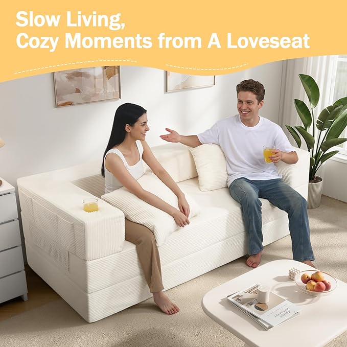 COMAX Futon Sofa Bed Queen, 79" Convertible Sofa Bed Couches for Living Room, 4 in 1 Folding Boneless Sleeper Corduroy Couch Loveseat Foam In a Box, Foldable Comfy Lounge Fold Out Floor Mattress Beige