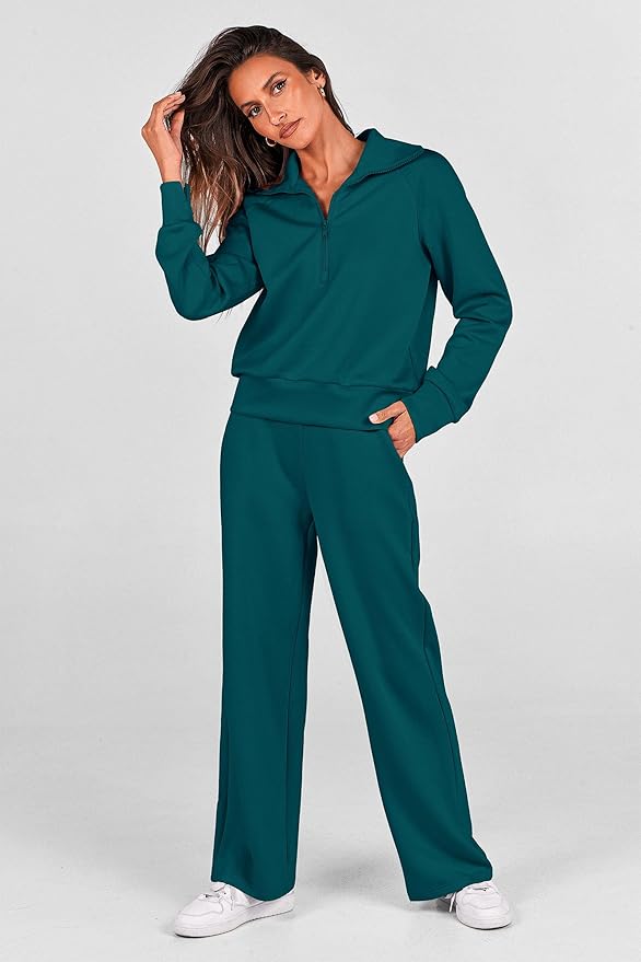 PRETTYGARDEN Women's 2 Piece Outfits Casual Lapel Half Zip Sweatshirts and Wide Leg Pants Tracksuit Sets
