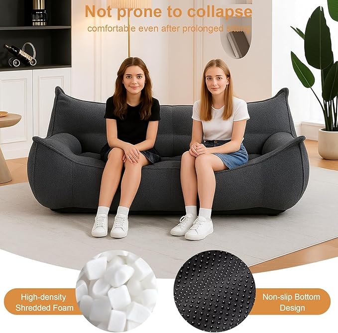 Giant Bean Bag Chair for Adults, Grey Loveseat Beanbag with Filling Plush Fluffy and Back Support, 2 Seater Lounge Lazy Floor Sofa, Memory Foam Couch for Living Room, Bedroom & Dorm