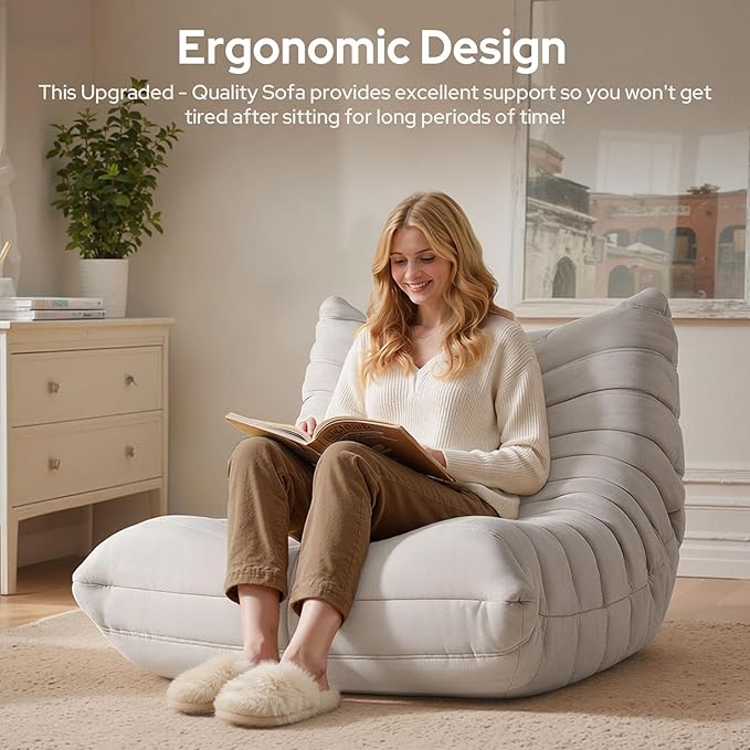 High-end Bean Bag Chair, Fireside Togo Chair with Antique White Suede Fabric Cover, Comfy & Soft Lazy Floor Lounge Sofa for Bedroom, Living Room, Office or Lounger
