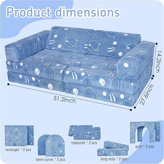 MeMoreCool Kids Modular Couch – 10-Piece Set, Fold-Out Sofa for Boys & Girls, Glow-in-The-Dark Space Theme Convertible Fort Builder | Washable Cover | Ideal for Playroom, Bedroom