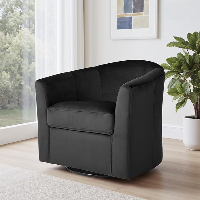 DREAMSIDEA Swivel Accent Chair, Upholstered Velvet Barrel Armchair, Modern Round Single Sofa Seating Comfy Reading Corner Chairs for Living Room Bedroom, Fully Assembled (Velvet Black, Set of 2)