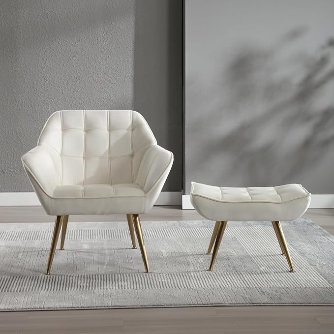 QUINJAY Modern Velvet Accent Chair with Ottoman Set of 2, Upholstered Lounge Chair with Footrest, Comfy Living Room Chair with Gold Legs Accent Side Chair Armchair for Small Space Bedroom, Beige