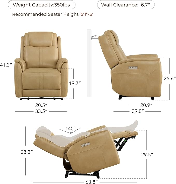 CHITA Power Recliner Chairs for Adults, Electric Leather Super Zero Gravity Recliner with USB & Type-C Charging Ports for Living Room, Bedroom & Home Theater Relaxation, Faux Leather in Tan