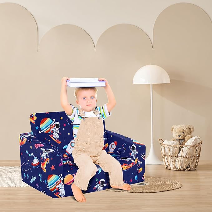 decalsweet Foldable Kids Sofa Couch 2 in 1 Children Convertible Sofa to Lounger Flip Open Toddlers Sofa Bed,Extra Wide Soft Lightweight for Bedroom Livingroom Playroom