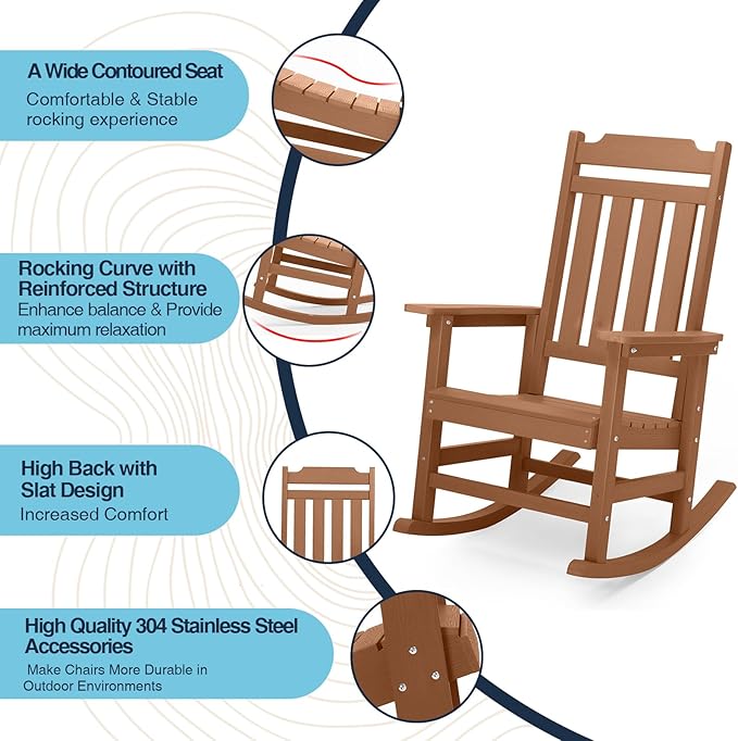 hOmeQomi Rocking Chairs Set of 2, All Weather Resistant Poly Lumber Outdoor Porch Rocker, Rocking Chairs for Outdoor, Indoor, Patio, Deck, Garden, Backyard, Load Bearing 380 lbs - Teak