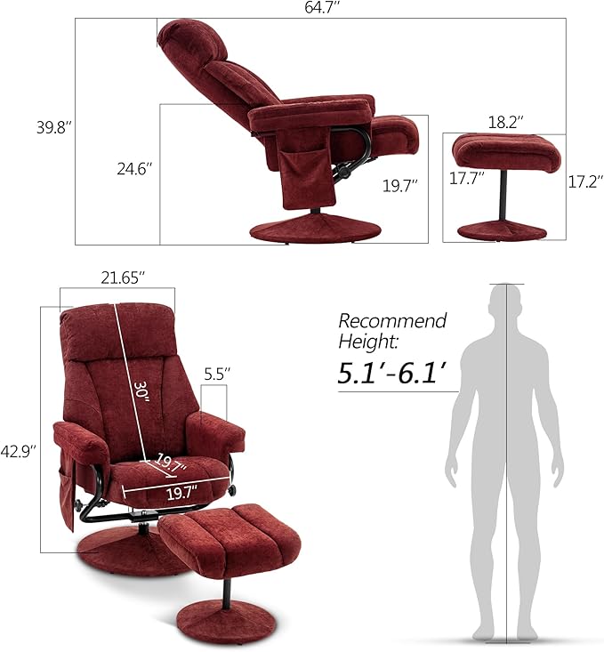 MCombo Swivel Recliner with Ottoman, TV Chair with Vibration Massage, Ideal for RV Small Space, Living Room & Bedroom 4828 (Textile, Burgundy)