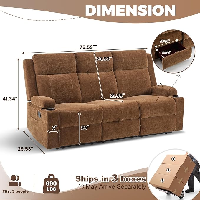 PALLOME Chenille Reclining Sofa 3-Seater with Convertible Table, Storage Ottoman & Cup Holders | Modern Space-Saving Couch, Ergonomic Living Room Furniture (Brown)