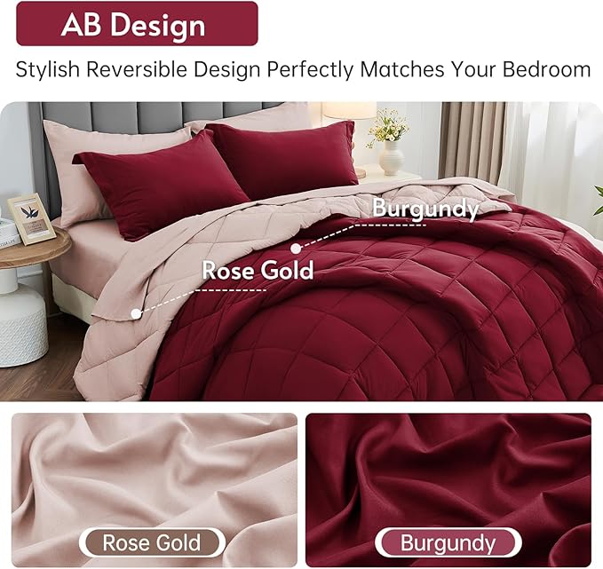 MUXHOMO 7 Pieces Queen Comforter Set, Reversible Bed in a Bag Queen Size, All Season Bedding Set with Comforter, Flat Sheet, Fitted Sheet, Pillowcases & Shams, Burgundy & Rose Gold