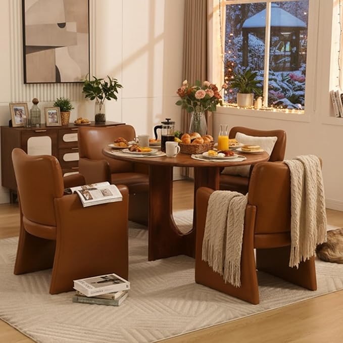 CIMOTA Brown Faux Leather Dining Chairs Set of 4, Upholstered Accent Chairs with Arms/Wood Legs, Comfortable Kitchen Chairs for Living/Reception/Dining Room