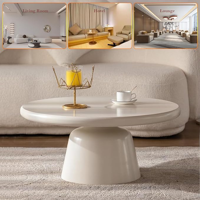 31.5in Cream White Coffee Table, Mid-Century Minimalist Round Low Floor Tea Table, with 19.69in Sturdy Pedestal, for Small Space (Cream White 31.5in)