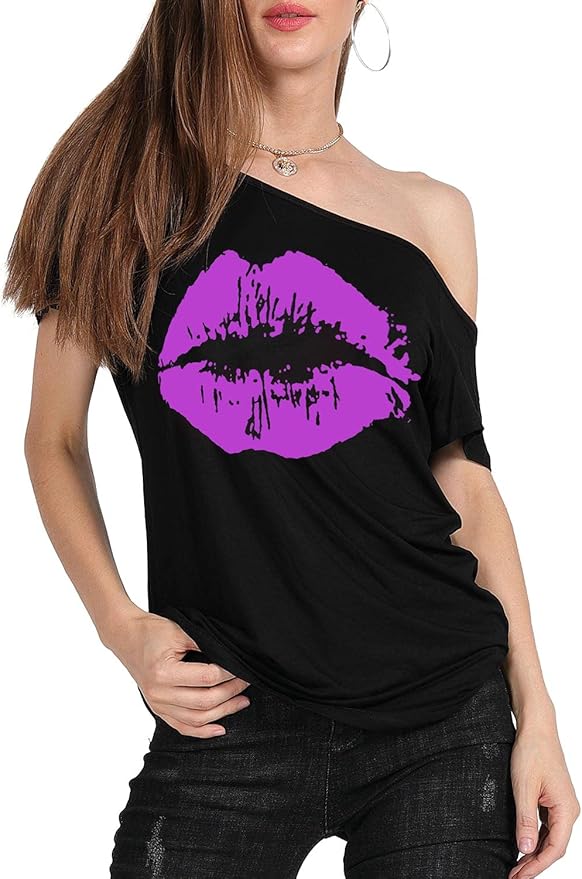 MAGICMK Women’s Short Lips Print Causal Off The Shoulder Plus Size T-Shirt Tops