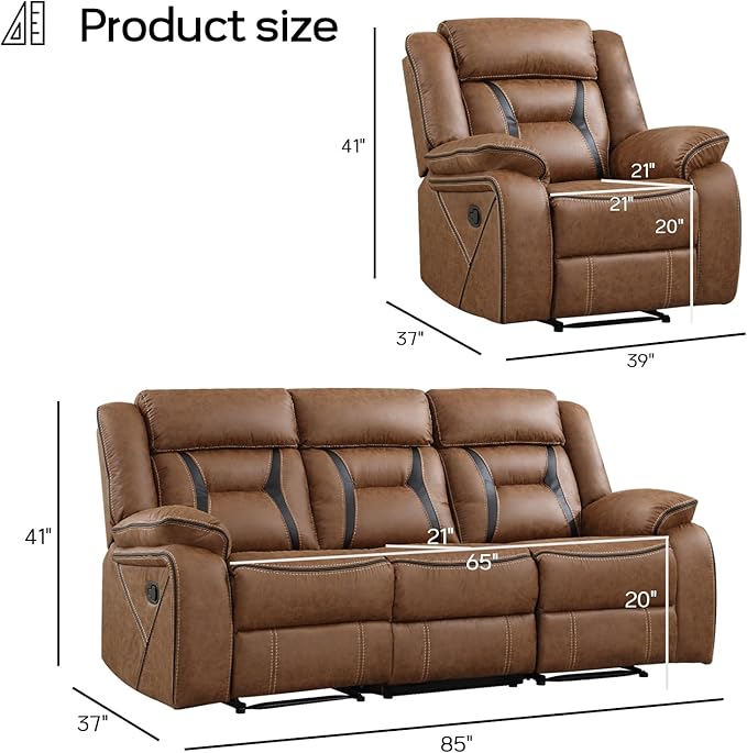 EBELLO Faux Leather Recliner Sofa Furniture Set for Living Room, 2 Recliner Chairs, 3 Seat Reclining Sofa Couch Set for Meeting Room, Brown