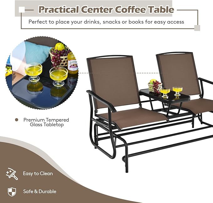 S AFSTAR 2-Person Outdoor Glider, Patio Glider Bench Chairs with Center Tempered Glass Table & Breathable Loveseat, Double Swing Glider Chair for Porch Garden Poolside Balcony Lawn (Brown)