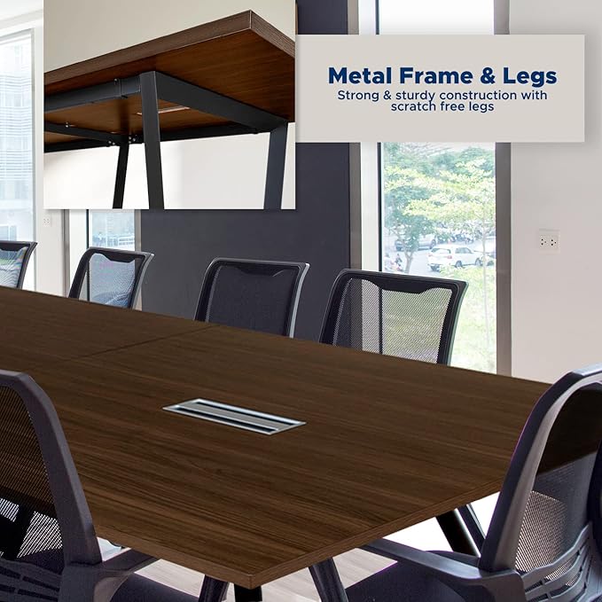ahliss Sturdy Conference Table with Cable Management Grommets Modern Rectangle Office Meeting Table with Wood Tabletop and Metal Frame & Legs- Easy Assembly Boardroom Table (Dark Brown, 8 Foot)