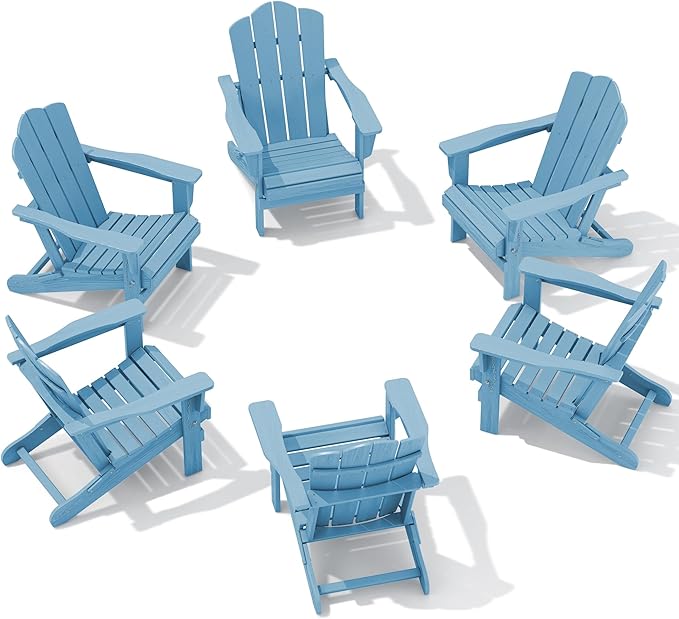 KINGYES Folding Adirondack Chair Set of 6, HDPE All-Weather Folding Adirondack Chair, Light Blue